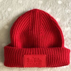 Coach Women Bright Red Ribbed Knit Cuffed Beanie